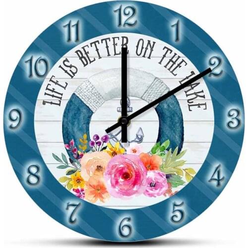Life Is Better On The Lake Buoy Ring Navy Anchor Silent Designer Wall Clock Nautical Beach Room Decor Watercolor Printed Clock