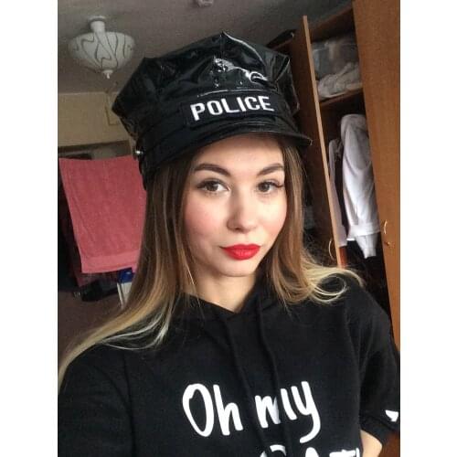 Black PU Military Hat Performance Stage Show Octagonal Cap Police Hat For Girls