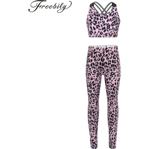 2Pcs Kids Tracksuit Girls Leopard Printed Sportswear Gym Yoga Sport Suit Sleeveless Crop Top + Pants Leggings Gymnastic Trousers