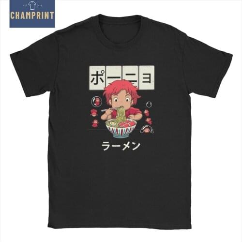 Ponyo On The Cliff Ramen T Shirts Mens Pure Cotton Awesome T-Shirt O Neck Ghibli Tees Short Sleeve Clothes Summer