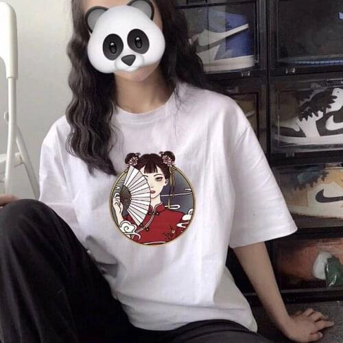 Summer Women New Chinese Style Face Print T-shirts Female Cute O-neck cotton Oversize Tee Ladies Harajuku Tops Short Sleeve Tees