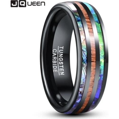 JQUEEN 8mm Electric Black Inlaid Abalone Shell Wood Grain Dome Tungsten Carbide Men Ring Engagement Ring Jewelry Wholesale
