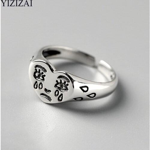 YIZIZAI Silver Color Opening Ring Retro Do The Old Personality Tears Creative Love Cry Face Ring Silver Jewelry For Women