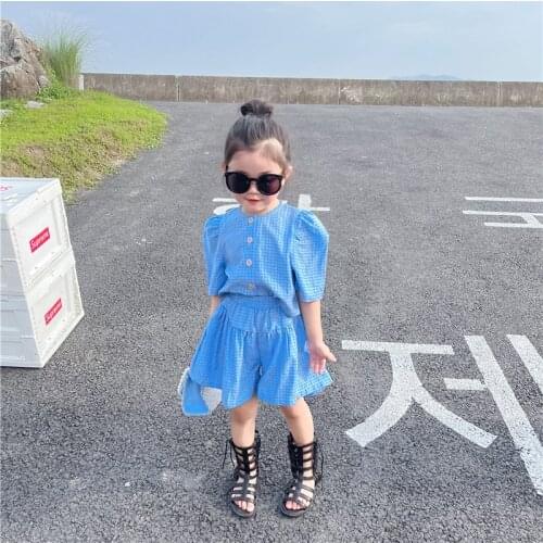 Baby Girls Summer Blue Plaid Clothing Sets New Arrival Fashion Puff Sleeve Single-breasted Shirt+Shorts Pants 2PC Outfit 1-7Yrs