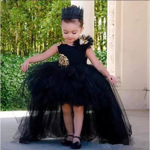 Lovely Black High Low Girls Pageant Gowns With Gold Sequins Tulle Flower Girl Dresses Baby Birthday Party Gown