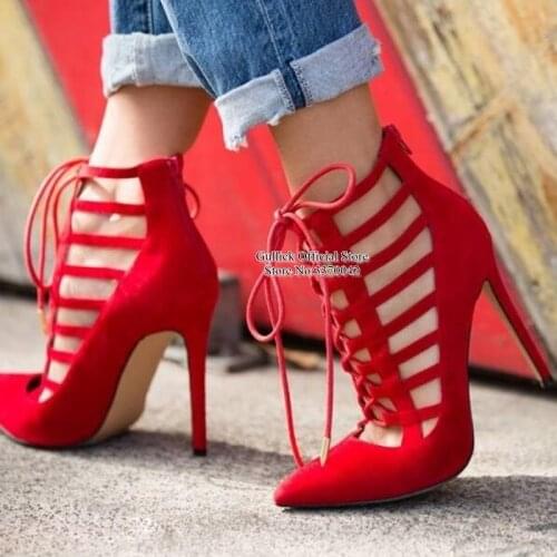 Fashion Pointed Toe Lace-up Hollow Stiletto Heels Shoes Red Stretch Cut-out Strappy Sandals High Heels Party Dress Shoe Big Size