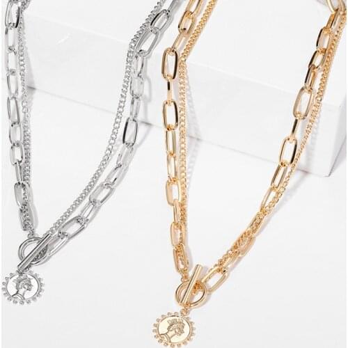 Trendy Retro Gold Necklaces Carved Portrait Coin Pendant Necklace Women Punk Silver Color Multilayer Chain Necklace 2021 Jewelry