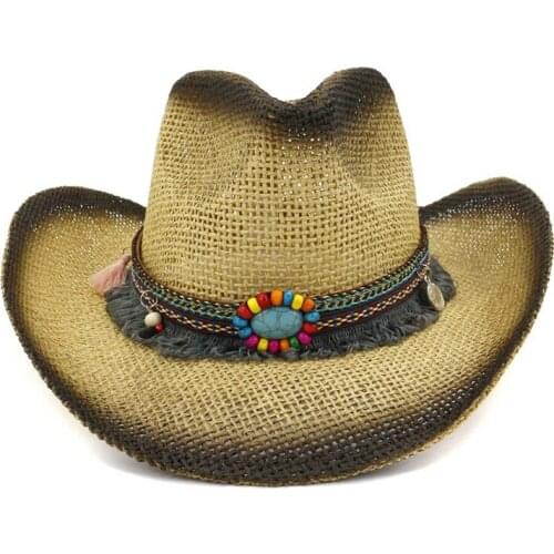 2019 New Breathable Women Men Black Spray Paint Cowboy Hats Ethnic Ribbon Decoration Summer Wide Brim Sun Caps Straw Hat Sunhat