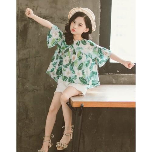 New product big boy short-sleeved floral leaves children two-piece girls casual cool comfortable shorts T-shirt suit