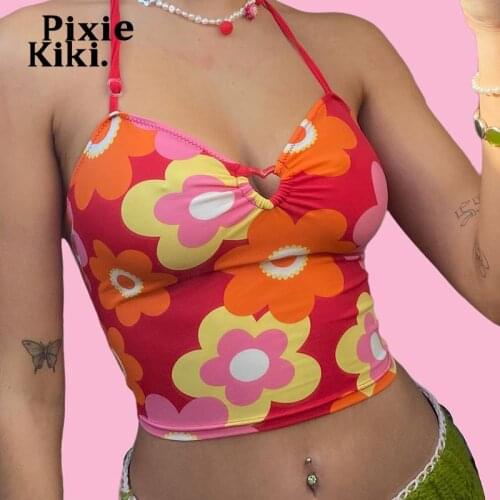 PixieKiki Y2k Keyhole Halter Top Cute Sexy Summer Clothes for Women Floral Print Camis Tanks 2000s Aesthetic Crop Tops P85-AF10