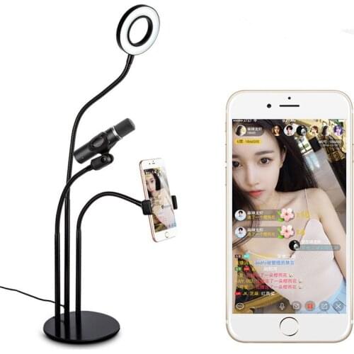 Selfie Light Cell Phone Stand with Microphone Holder for Live Stream.Dimmable for iphone,xiaomi,huawei, HTC Smartphone Facebook