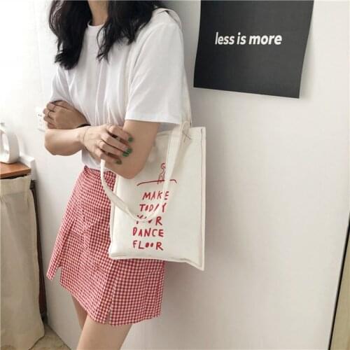 Womens Korean Simple Handbag Red Letter Printing Art Reusable Shoulder Bags Summer Ladies Canvas Book Shopping Totes Bag
