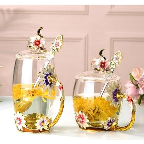 Heat Resistant Enamel Colorful Glass Cup With Lid Spoon Beer Coffee Water Cups Transparent Cup Drink Dessert Milk Glass For Gift