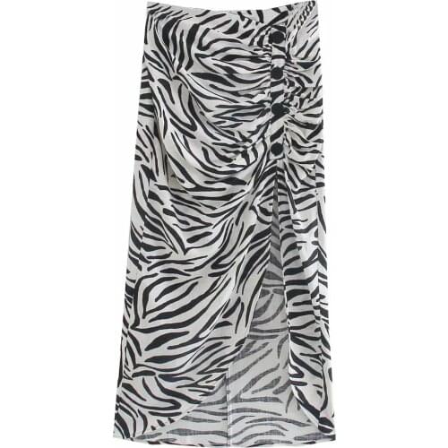 Za New Autumn Winter Vintage Print Skirt Women High Waist Package Hip Pencilskirt Fold Effect Front Split Skirts