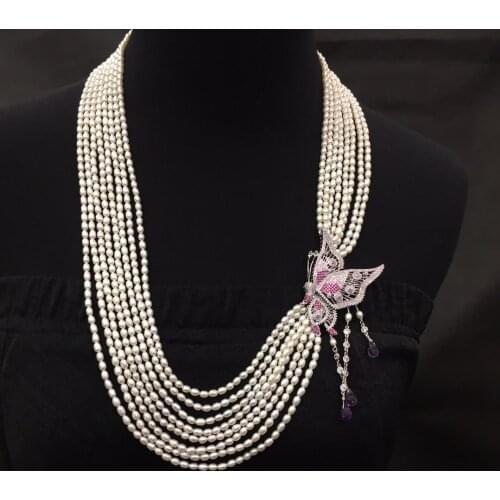 3-4MM natural fresh water pearl necklace multi layers 925 sterling silver butterfly with tassels rice shape pearl wedding