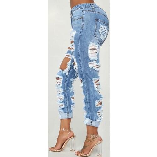 2020 Women Fashion Elegant Solid Ripped Cutout Pocket Denim Jeans Casual Ripped Elastic Skinny Blue Long Jeans