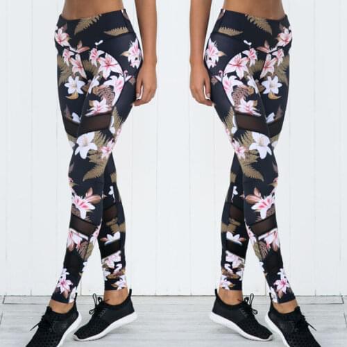 Yoga Pants Women Running Tights S-XL Sport Fitness Leggings Stretching Mesh Patchwork Gym Tights Flower Jogging Workout Pants