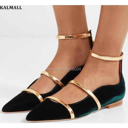 KALMALL Women Stage Dress Ballerinas Shoes Ankle Strap Flat Heels Pointed Toe Zip Shoes Green Blue Ballet Flats Big size 33-41