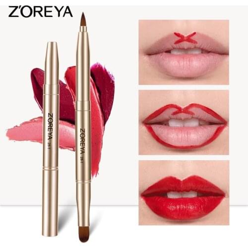 Zoreya Black Lip Brush Makeup Tools Portable Cosmetic Eyeline Brushes Metal Handle Lipstick Wands Double Head Retractable Beauty