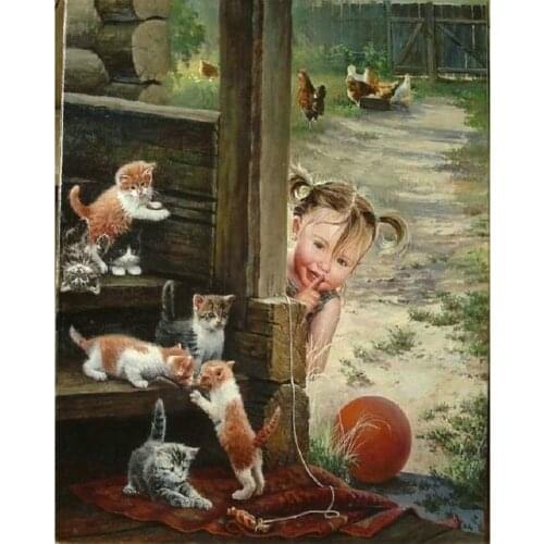 5D DIY Diamond Embroidery Landscape Rhinestone Mosaic Diamond Painting cross stitch Girl and cat Home Decoration Christmas Gift