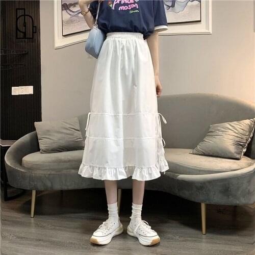 White Ruffles Elegant Skirt Women High Waist Korean Chic Sweet Midi Skirt Summer 2021 A-Line Designer Elastic Party Casual Skirt