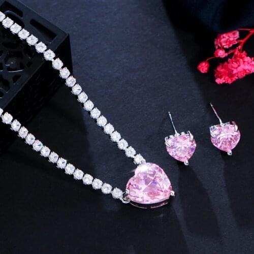 CWWZircons Cute Romantic Love Heart Shape Pink Cubic Zirconia Crystal Women Engagement Necklace Earring Wedding Jewelry Set T554