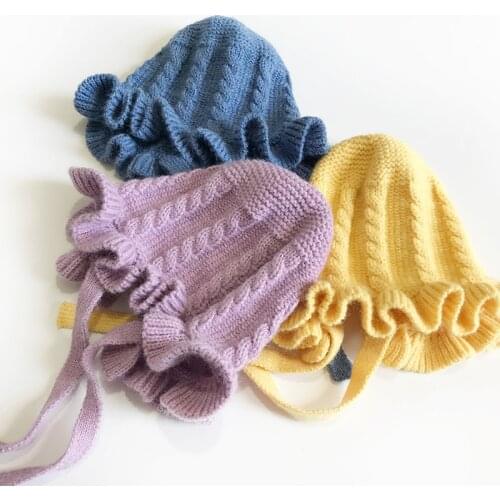 Winter Korean Cotton Knitted Baby Hat Lace Up Warm Autumn Kids Bonnet Girls Boys Cute Cap Children Outdoor Hats for 6-36 Months