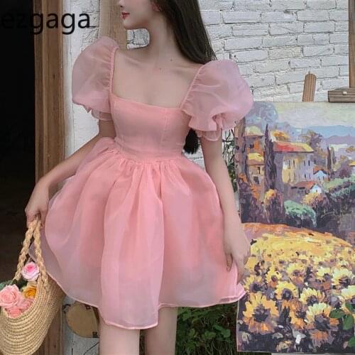 Ezgaga Sweet Dresses Women 2021 New Korean Puff Short Sleeve Mesh Patchwork Square Collar Ball Gown Dress Female Fashion Party