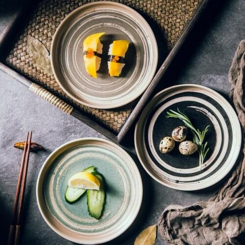 Nordic Ceramic Tableware Round Western Sushi Plate Simple Japanese Household Retro Ramen Dessert Snack Plate Kitchen Tableware