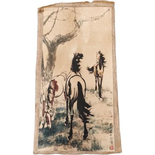 Chinese Old Scroll Xu Beihongs Three Horses Painting Rice Paper Painting Slice