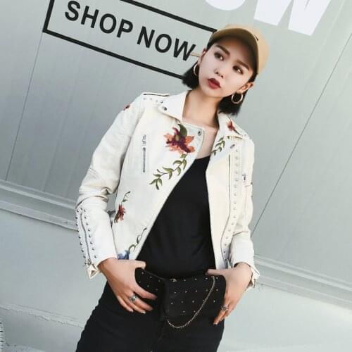 Women Fashion Floral Print Embroidery PU Leather Jacket Coat Turndown Collar Streetwear Motorcycle Black Punk Outerwear