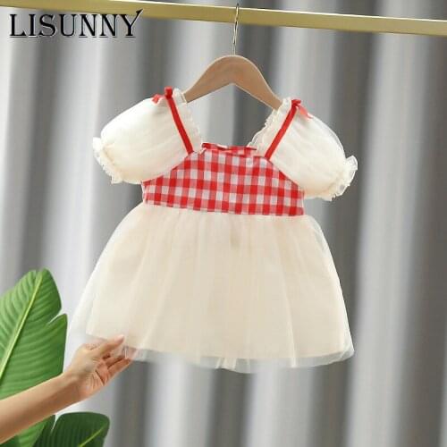 LISUNNY Girls Baby Mesh Party Dresses New Summer Fashion Toddler Baby Plaid Costumes Newborn Sweet Outfits Sleeveless Suits 0-4Y