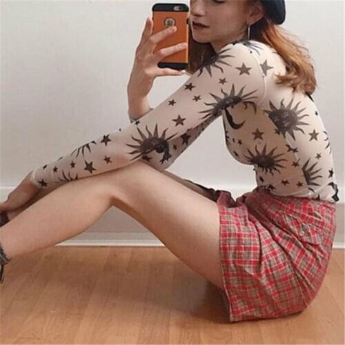 Fashion Womens Long Sleeve T-Shirts Ladies See Through Mesh Sheer Moon Star Pirnt O Neck Crop Top T Shirt Tee
