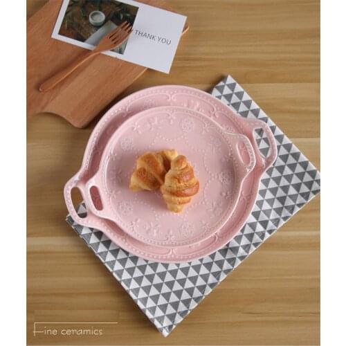 2pcs set, white embossed porcelain buffet dishes serving tray, food tray, ceramic toast cake plates, bbq dish with handle party