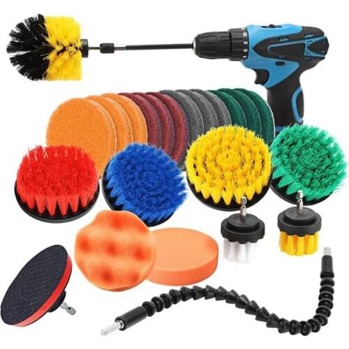 24 PCS Drill Brush Attachments Set Includes Scrub Pads Sponges Different-Sized Brushes Power Scrubber Brushes with Extend Rod