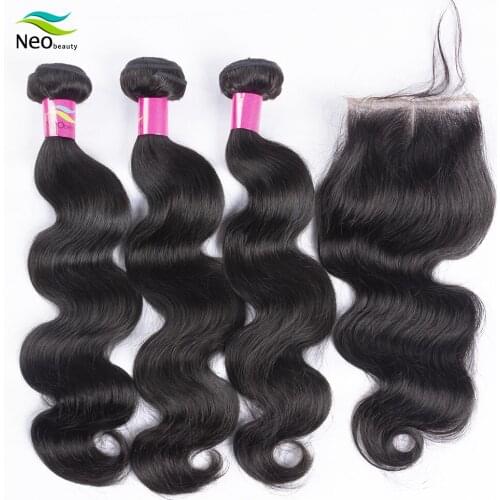 Neobeauty 10A Brazilia Human Hair Bundles 3PCS Brazilian Body Wave Bundles With 4x4 Lace closure Natural Black Virgin Human Hair