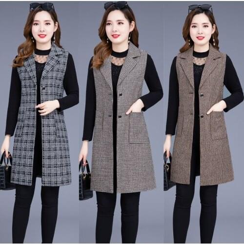 2021 Spring New Middle-Aged Elderly Vest Womens Mid-Length Fashion Plaid Woolen Trench Coat oversize Casaco Feminino Waistcoat