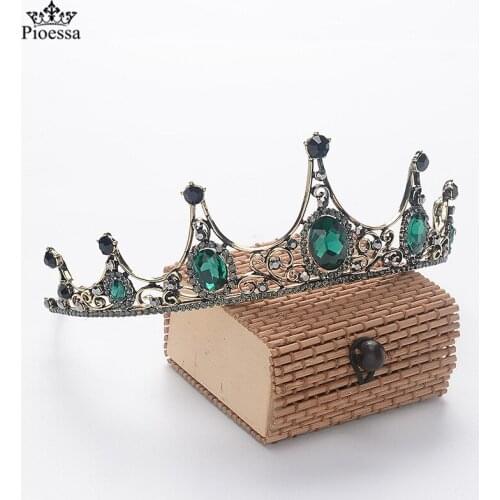 Pioessa Baroque Black Green Stone Crystal Crowns Tiara Bride Headband For Wedding Bridal Diadem Queen Crown Hair Accessories