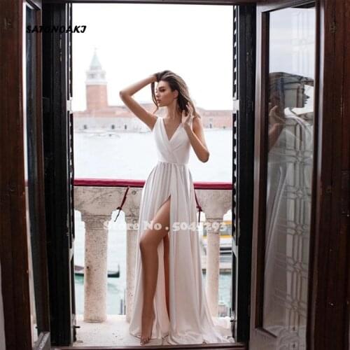 Simple Boho Wedding Dresses Jersey Pleat Slide Split V-Neck Sleeveless Backless A-Line Bridal Gowns Robe De Mariée 2021 Vestidos