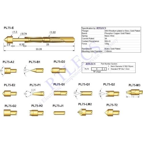 100pcs Bare PCB 1.91mm Pitch Spring Test Probe PL75 Testing Pin 33.35 mm Length 1.02 mm Diameter Gold plated TIP styles to order
