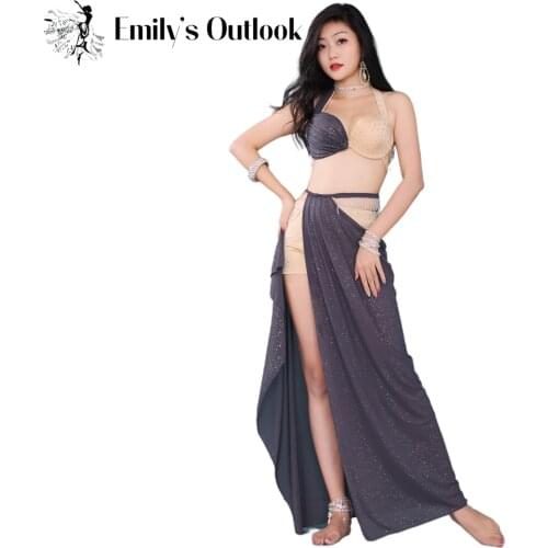 Sexy Belly Dance Costume Set Crystal Bra Side Split Long Skirt Fairy Oreintal Dancer Performance Show Wear Spring Summer Design