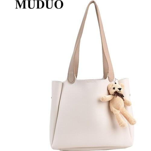 Ladies Girls Cute Plush Bear Pendant Tote Hobo Bags PU Leather Large Capacity Shoulder Bag Womens Casual Style Messenger Bag