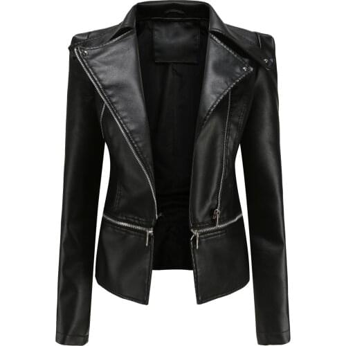 Loose Fit Big Size Asymmetrical Pu Leather Jacket New Lapel Long Sleeve Women Coat Fashion Spring Autumn 2021