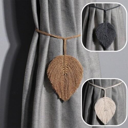 Nordic Handmade Window Curtain Tieback Holder Rope Bohemian Leaf Tassel Wooden Beads Drapery Holdback Clip Strap Decor