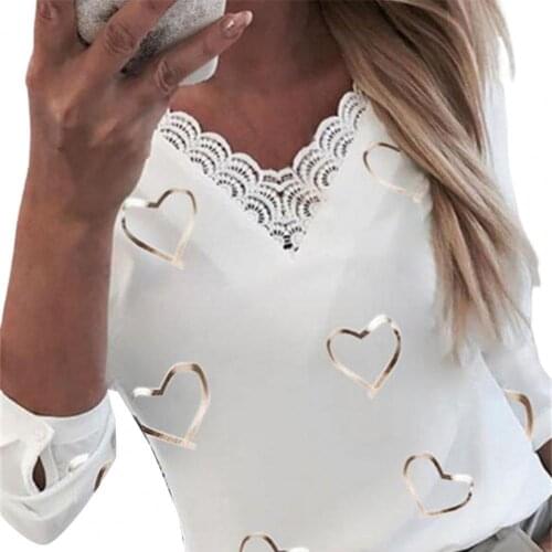 Women Blouse Spring Summer Lace Patchwork Heart Shape Print Streetwear Pullover V Neck Long Sleeve T-shirt Ladies Elegant Top