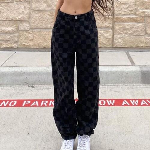 2021 New Harajuku Jeans Women Patchwork Jeans Female Streetwear Checkered Korean Style Wide Leg Pants Straight Plaid Trousers