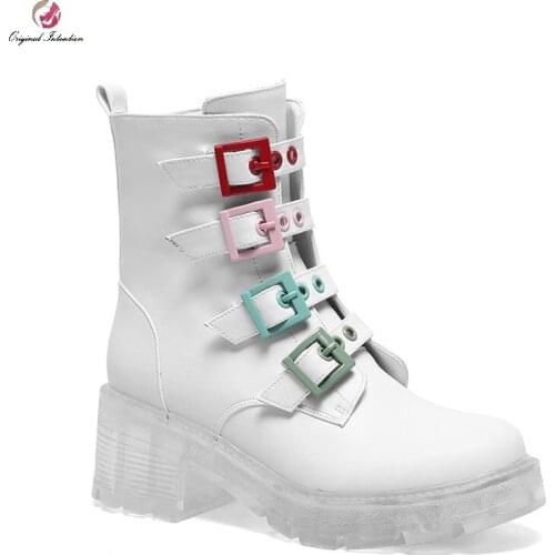 Women Metal Buckle Patent Boots 2020 New Fashion Women Chunky Heel High Heels Side Zipper Martin Shoes Woman Female Ankle Boots