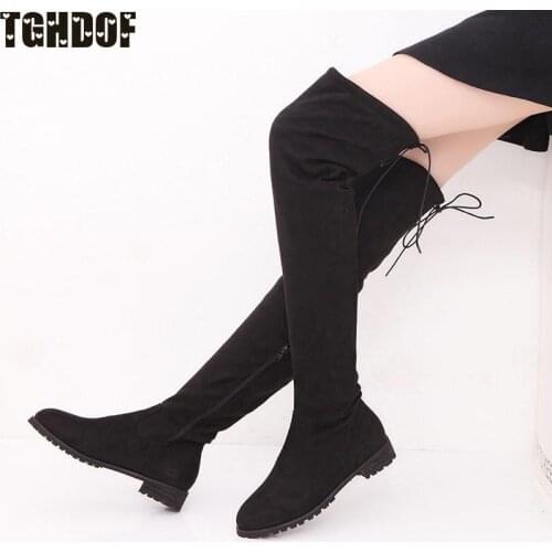 Womens Winter Boots Fashion Full Stretch Fabric Over The Knee High-top Shoes Square Flat Heel Womens Boots Size 34-43