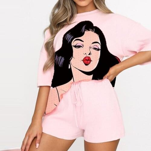 Women Summer Loose 2 Piece Sets Fashion O-neck Tops + Hight Waist Drawstring Shorts Casual Sportswear cute Suit For Woman