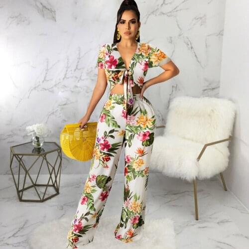 Floral Printed Summer Two Piece Set Tracksuit for Women Deep V Neck Short Sleeve Crop Top and Boot Cut Pant Female Clothing New